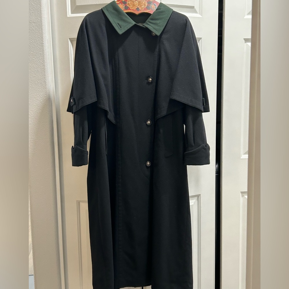 Lodenfrey Vintage Mid- Century Black Maxi Cape Coat with Loden Green Trim.